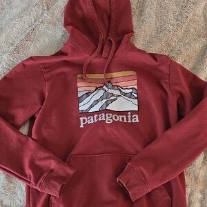 Patagonia Brick Red Hoodie with Mountain Design